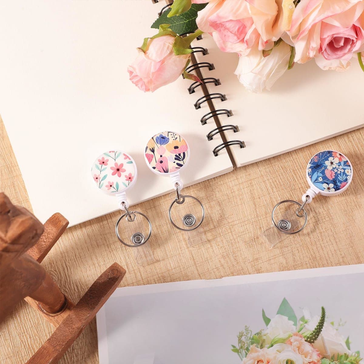 BESARME 3 Pack Badge Reels Retractable Badge Clip with Key Ring Retractable Badge Holders for Office Worker Teacher Nurse Student（Flower） thumbnail 3