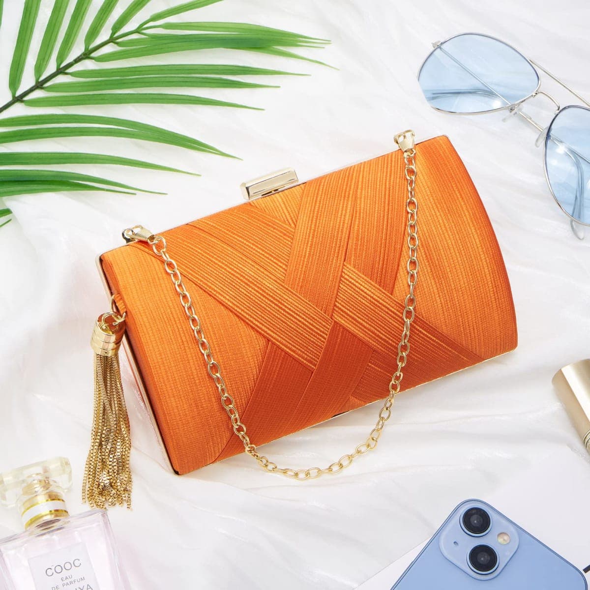 WEIMZC Women Clutch Bag Evening bag Fringed Evening Handbag,Lady Party Wedding Clutch Purse Chain Shoulder Cross Body Bag, Orange thumbnail 2