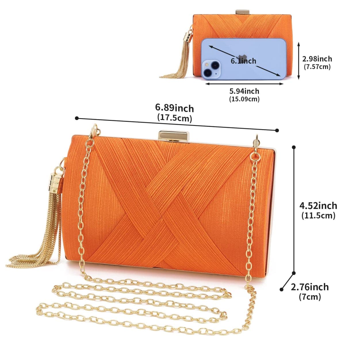 WEIMZC Women Clutch Bag Evening bag Fringed Evening Handbag,Lady Party Wedding Clutch Purse Chain Shoulder Cross Body Bag, Orange thumbnail 3