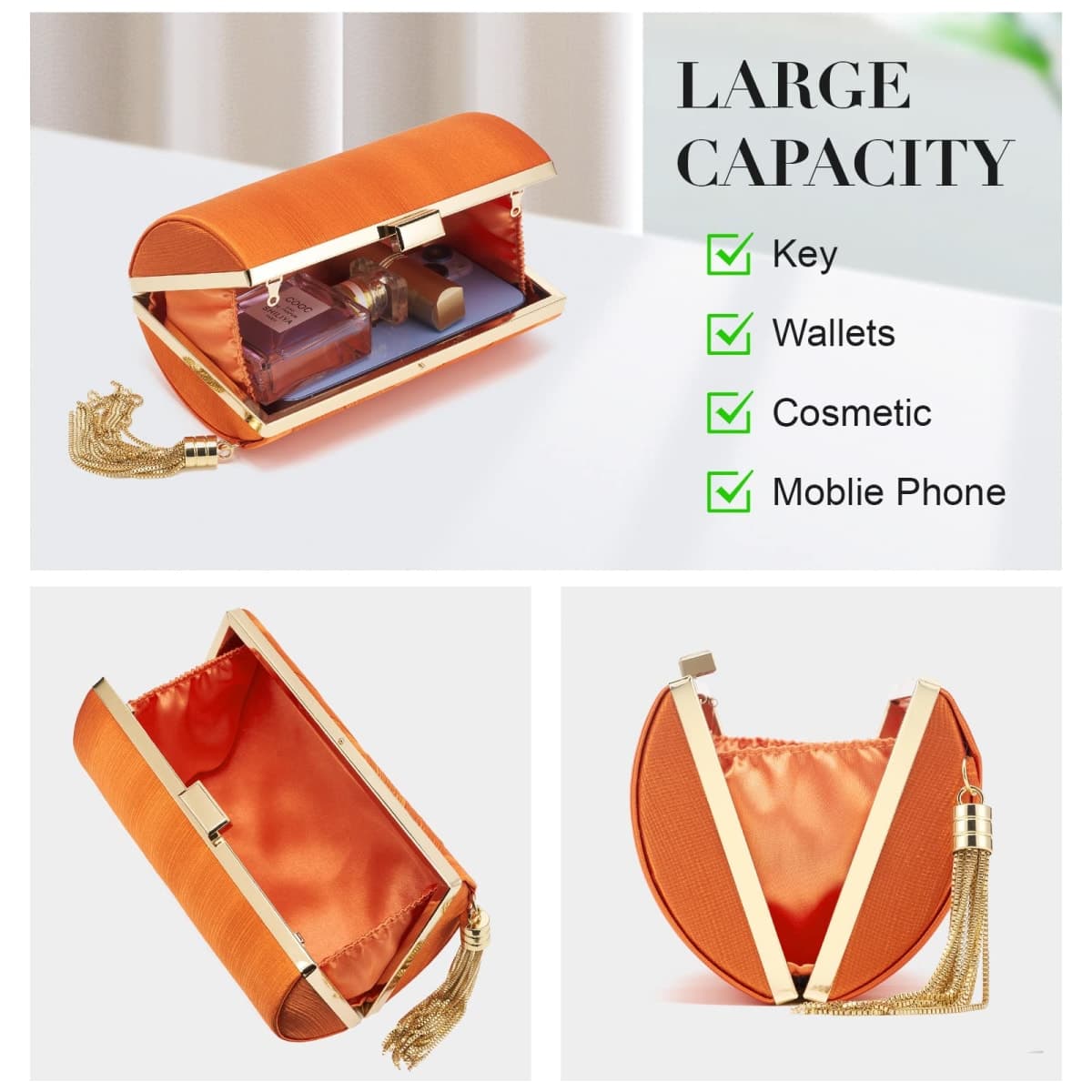 WEIMZC Women Clutch Bag Evening bag Fringed Evening Handbag,Lady Party Wedding Clutch Purse Chain Shoulder Cross Body Bag, Orange thumbnail 4