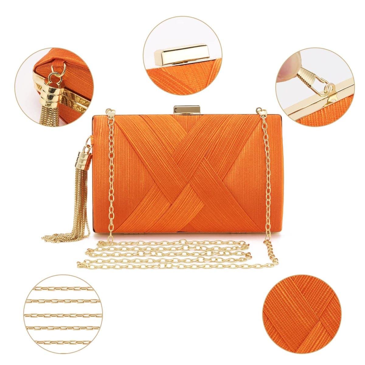 WEIMZC Women Clutch Bag Evening bag Fringed Evening Handbag,Lady Party Wedding Clutch Purse Chain Shoulder Cross Body Bag, Orange thumbnail 5