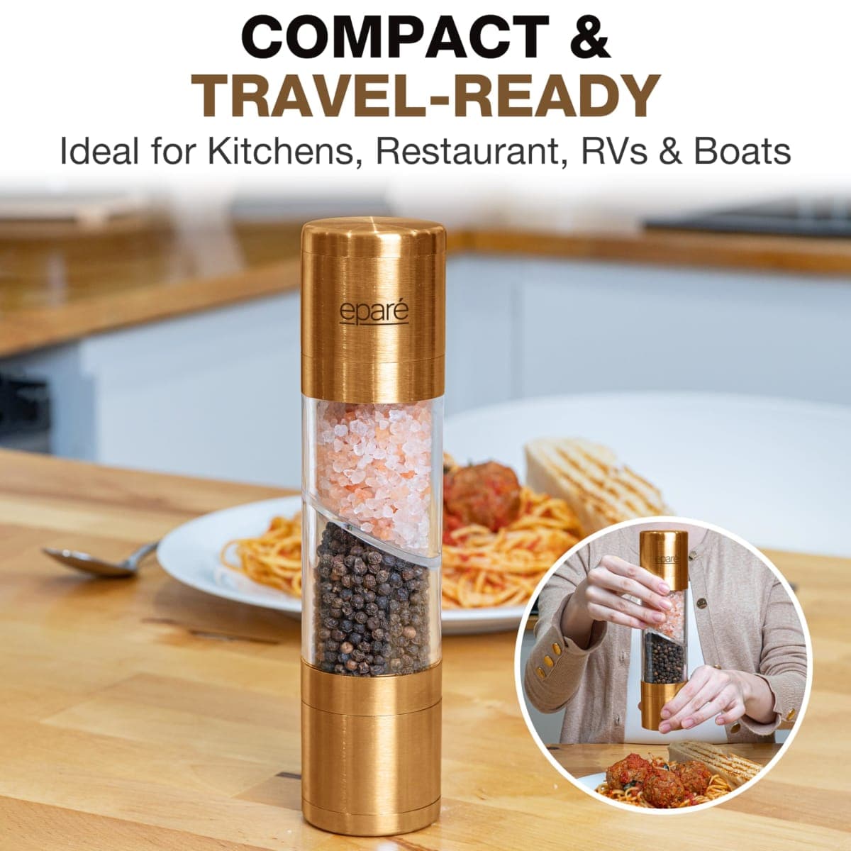 Eparé 2 in 1 Gold Salt and Pepper Grinder Combo - Brass Dual Peppermill thumbnail 3