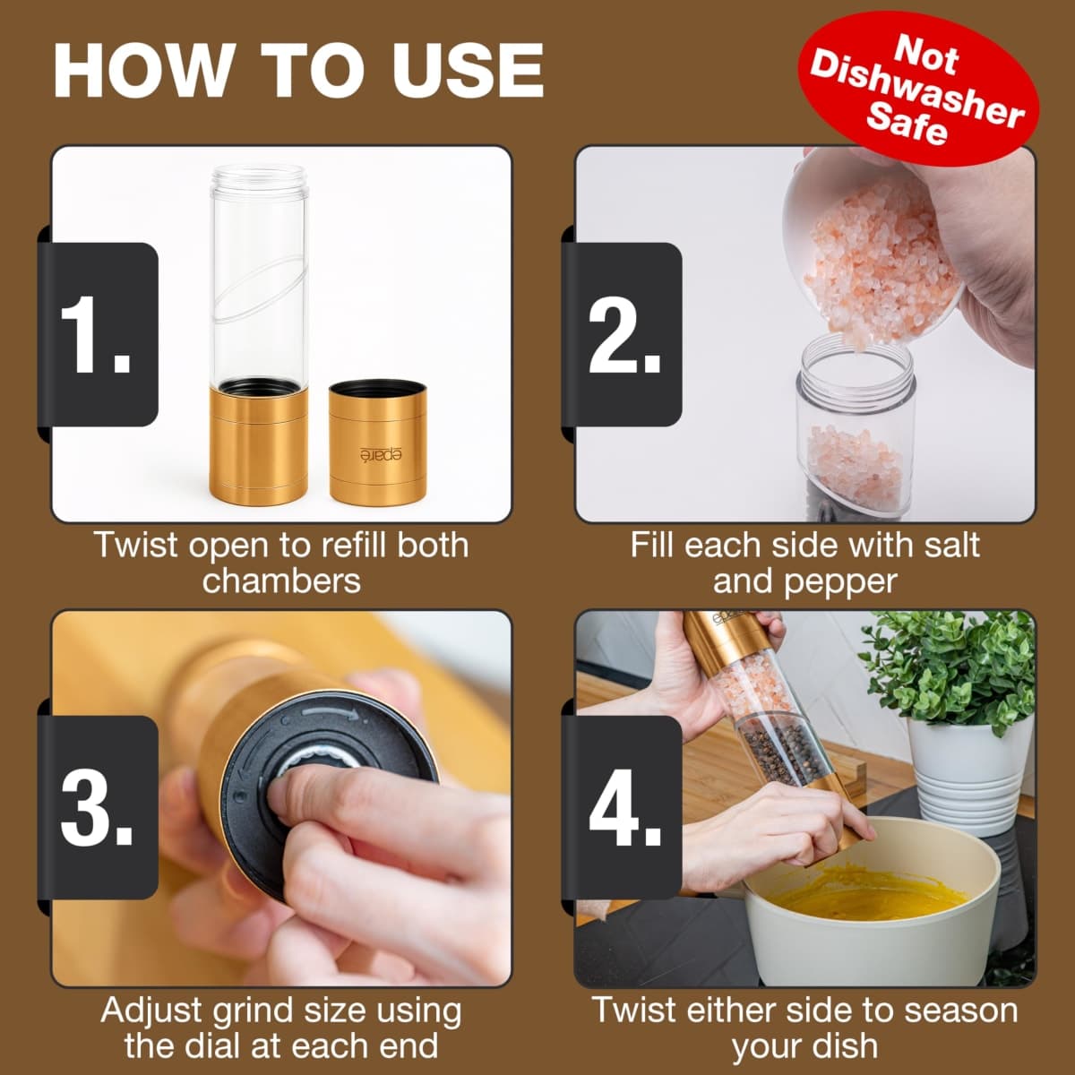Eparé 2 in 1 Gold Salt and Pepper Grinder Combo - Brass Dual Peppermill thumbnail 4