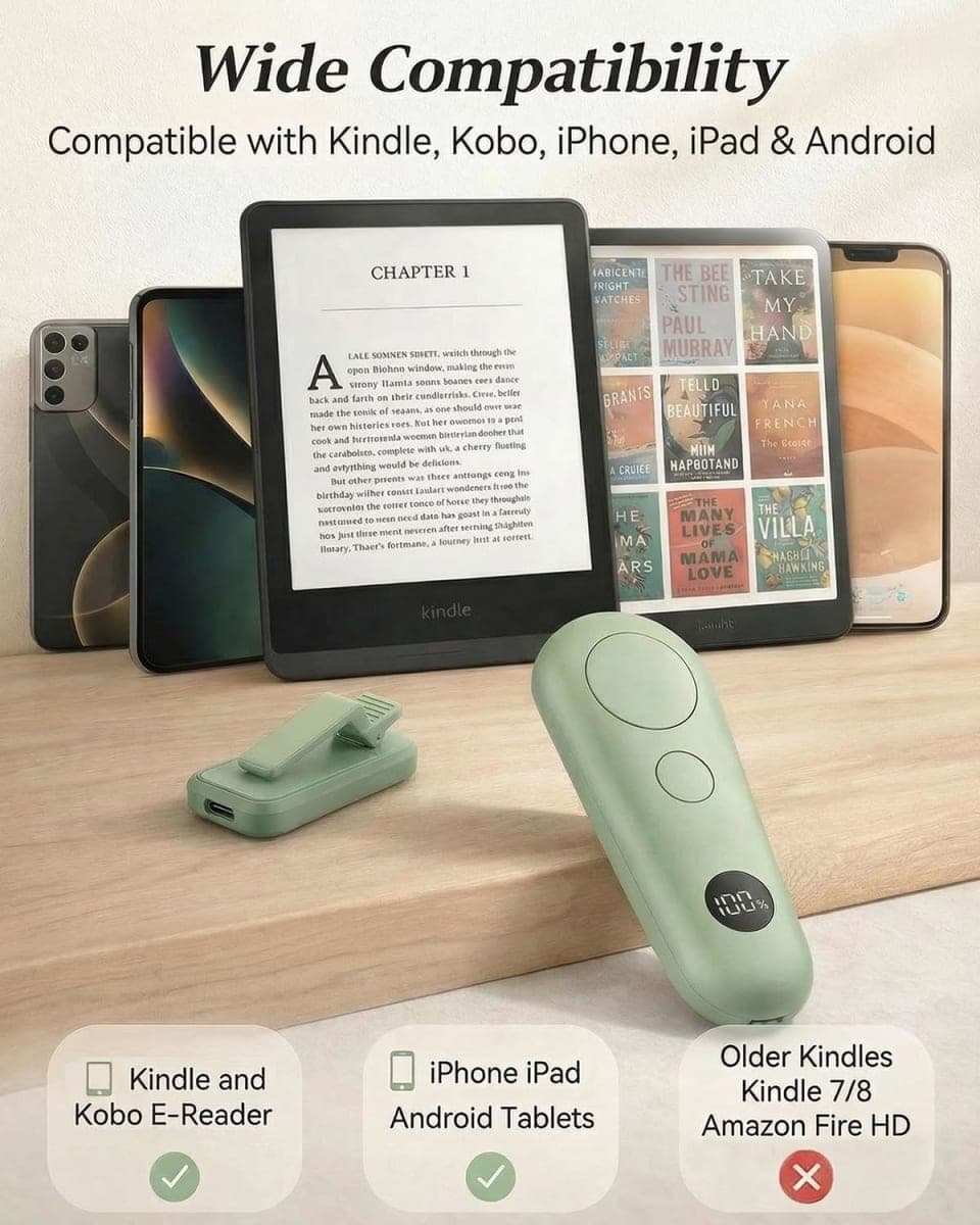 RF Remote Control Page Turner for Kindle Paperwhite Oasis Kobo eReaders, Kindle Accessories for iPad Tablets Phone Reading Novels Taking Photos, Kindle Clicker with Power Display (Green) thumbnail 5