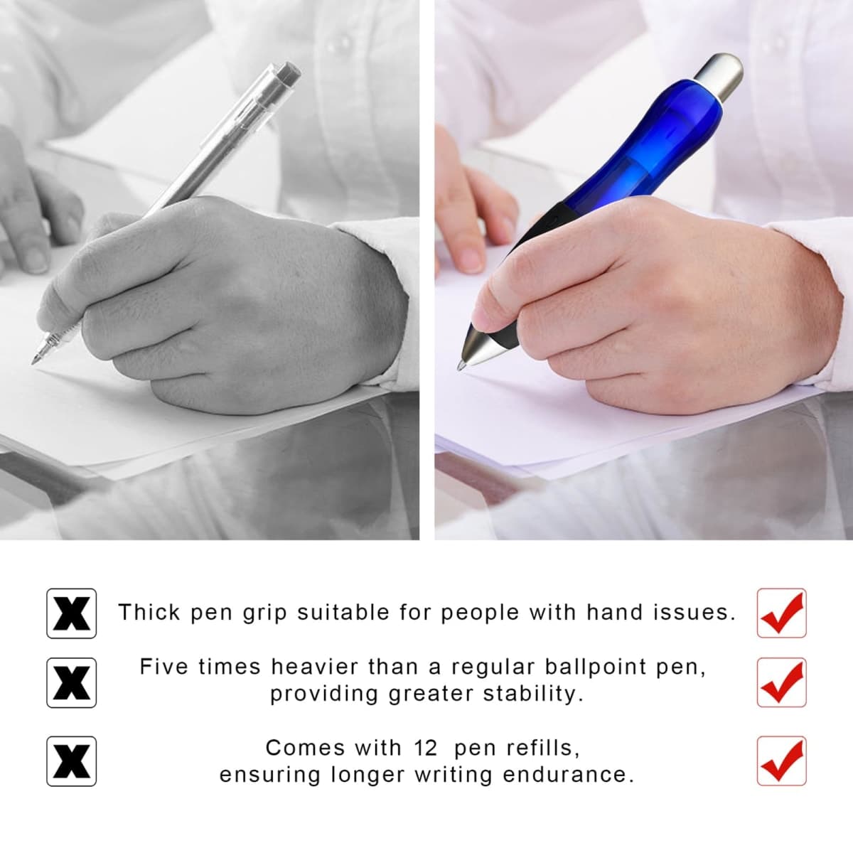 lyforx 14pcs Big Fat Pens Aids Writing For Tremor, Arthritis, Parkinson, Handicap, Carpal Tunnel Large Wide Grip Pens Blue (2 Pen + 6 Black Refills + 6 Blue Refills) thumbnail 3