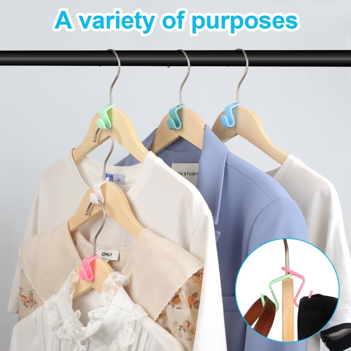 100 PCS Hanger Connector Hooks, Hangers Space Saving, Hanger Hooks, Hanger Clips for Plastic Hangers(5 Color) thumbnail 5