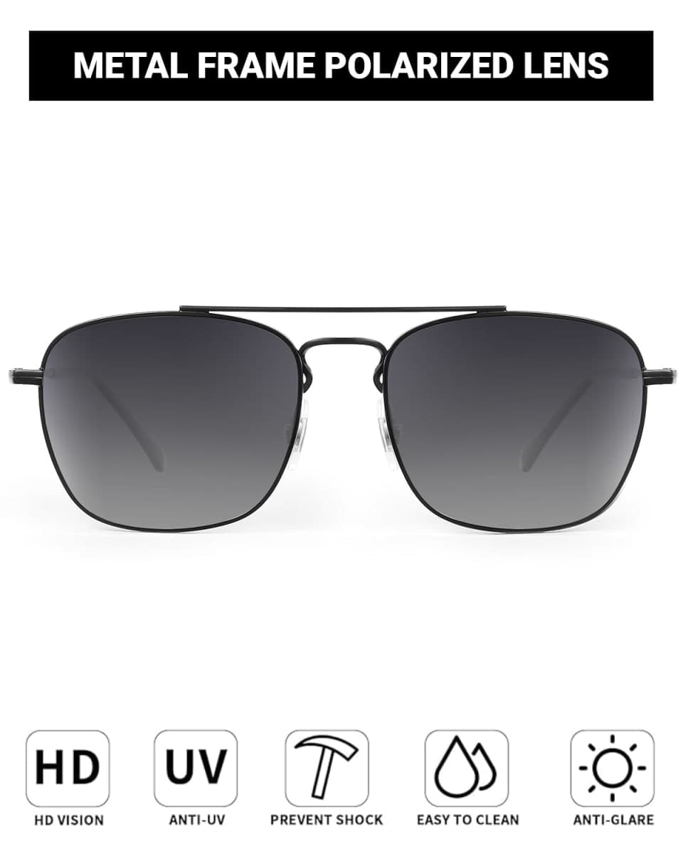 JIM HALO Retro Square Aviator Sunglasses Premium Polarized Lens Flat Metal Eyewear Men Women (Black/Polarized Smoke Fade) thumbnail 2
