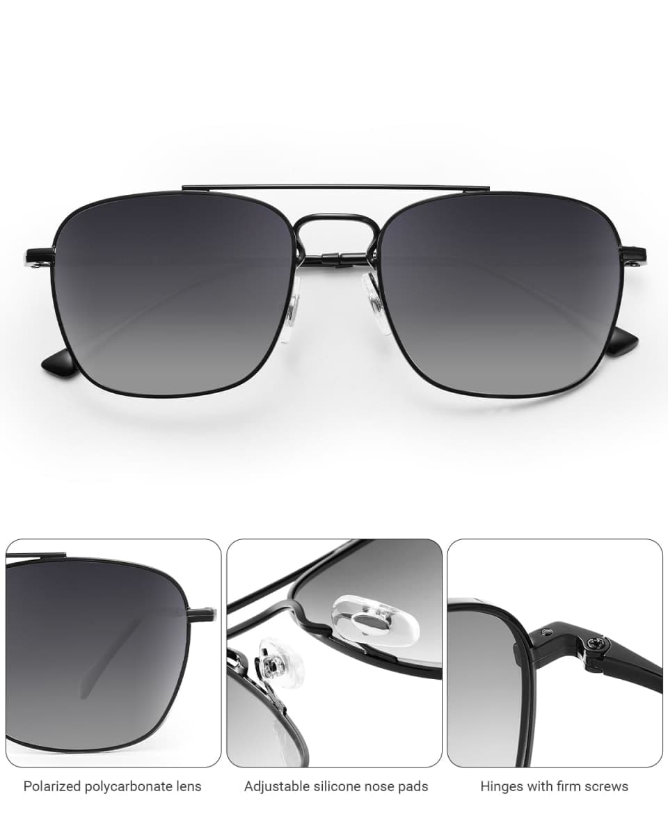 JIM HALO Retro Square Aviator Sunglasses Premium Polarized Lens Flat Metal Eyewear Men Women (Black/Polarized Smoke Fade) thumbnail 3