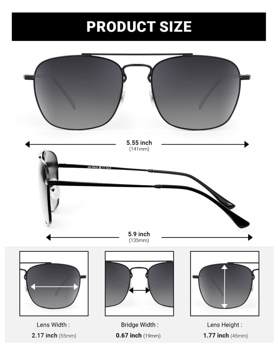 JIM HALO Retro Square Aviator Sunglasses Premium Polarized Lens Flat Metal Eyewear Men Women (Black/Polarized Smoke Fade) thumbnail 5