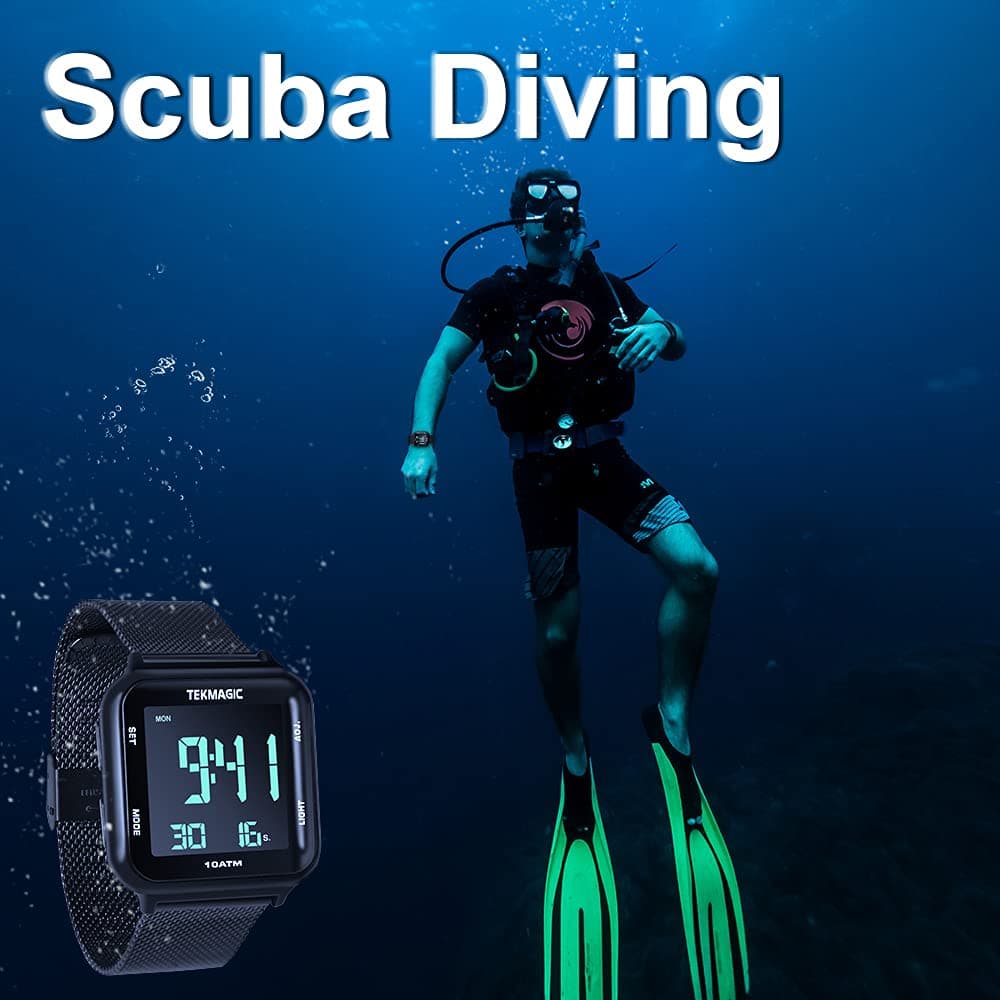 TEKMAGIC 100m Waterproof Luminous Scuba Diving Watch with Stainless Steel Watch Strap, Support Stopwatch, Alarm Clock and Backlight Functions, Dual Time Display, 12/24 Hour Format, Black, Diving Watch thumbnail 2