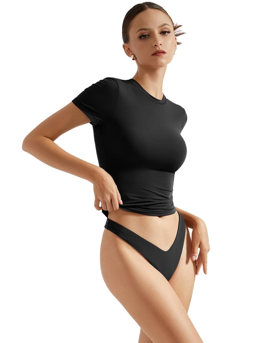 SUUKSESS Women Double Lined Fitted Basic Tee Crew Neck Short Sleeve Y2K Crop Top, Jet Black, Medium thumbnail 2