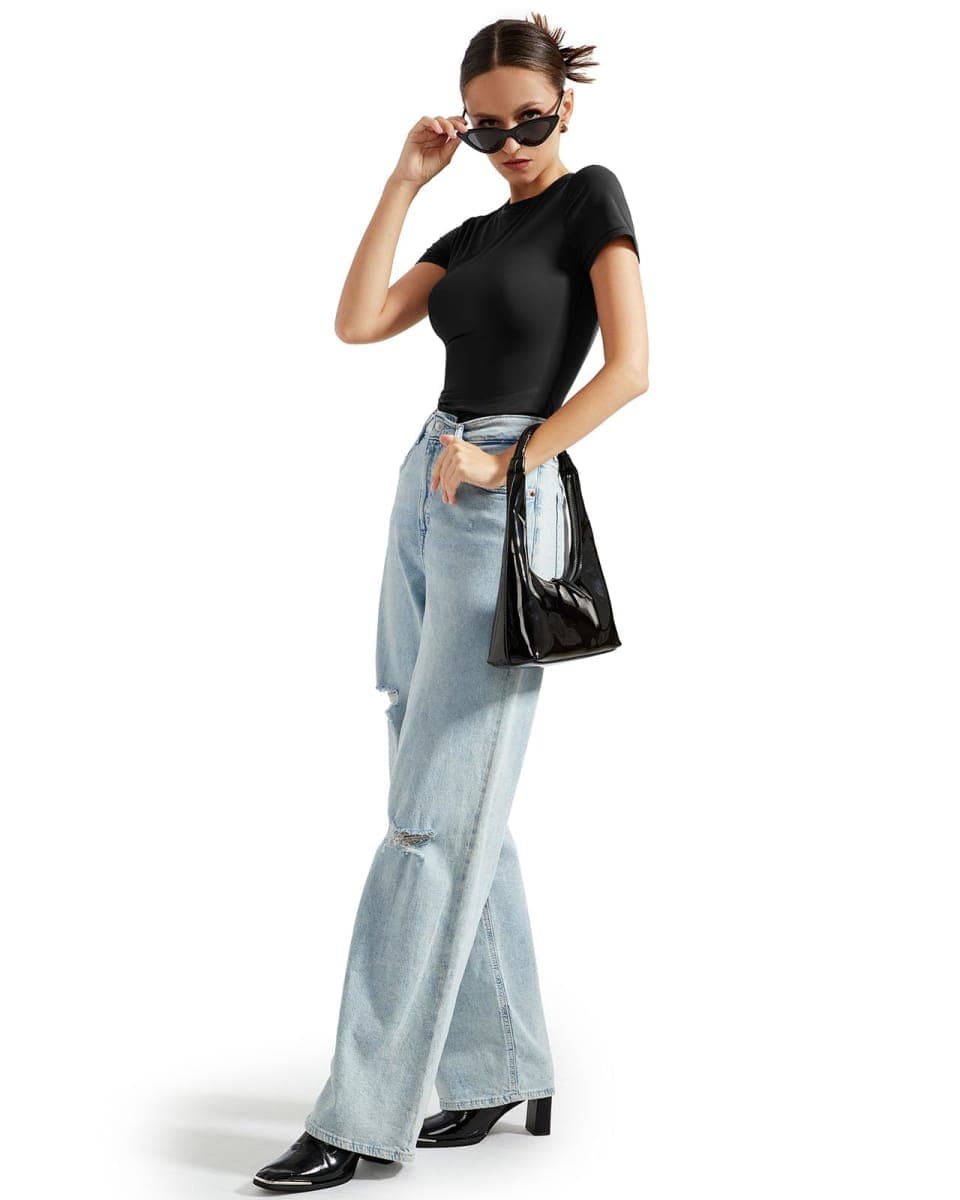 SUUKSESS Women Double Lined Fitted Basic Tee Crew Neck Short Sleeve Y2K Crop Top, Jet Black, Medium thumbnail 4