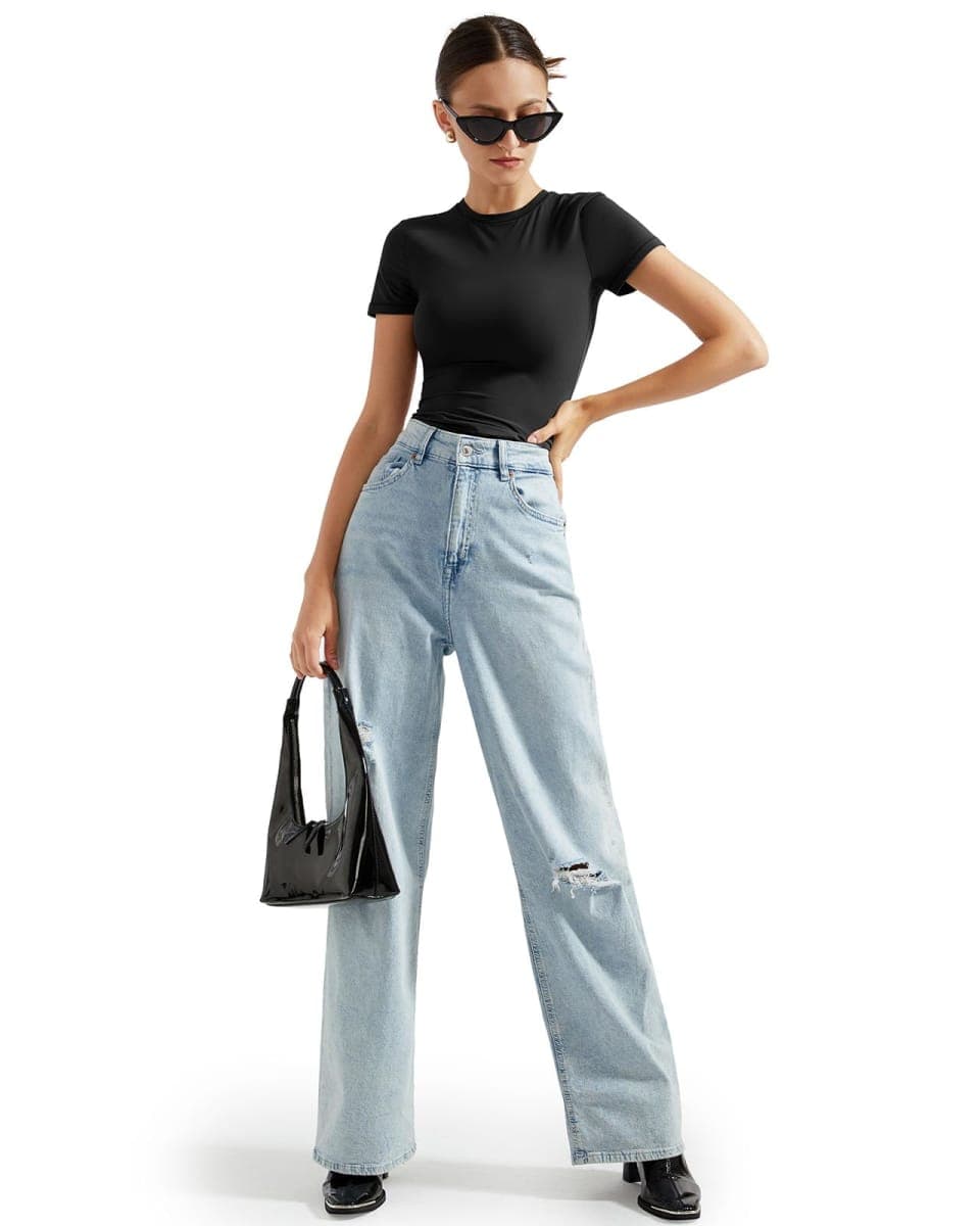 SUUKSESS Women Double Lined Fitted Basic Tee Crew Neck Short Sleeve Y2K Crop Top, Jet Black, Medium thumbnail 5