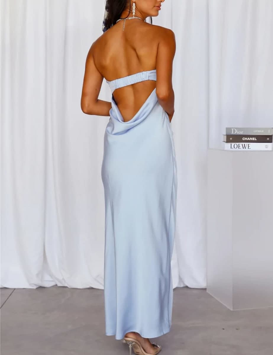 Realtix Satin Silk Backless Tube Tops Maxi Dress for Women Low Back Hollow Out Elegant Strapless Long Dresses Wedding Guest, Blue, Small thumbnail 2