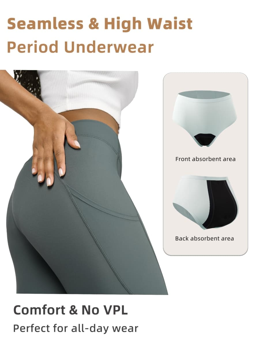 TIICHOO Period Underwear for Women Heavy Flow Leakproof High Waist Seamless Bikini Briefs Pack of 5(Small, 2 Smoke Green/2 Coffee/Black) thumbnail 4