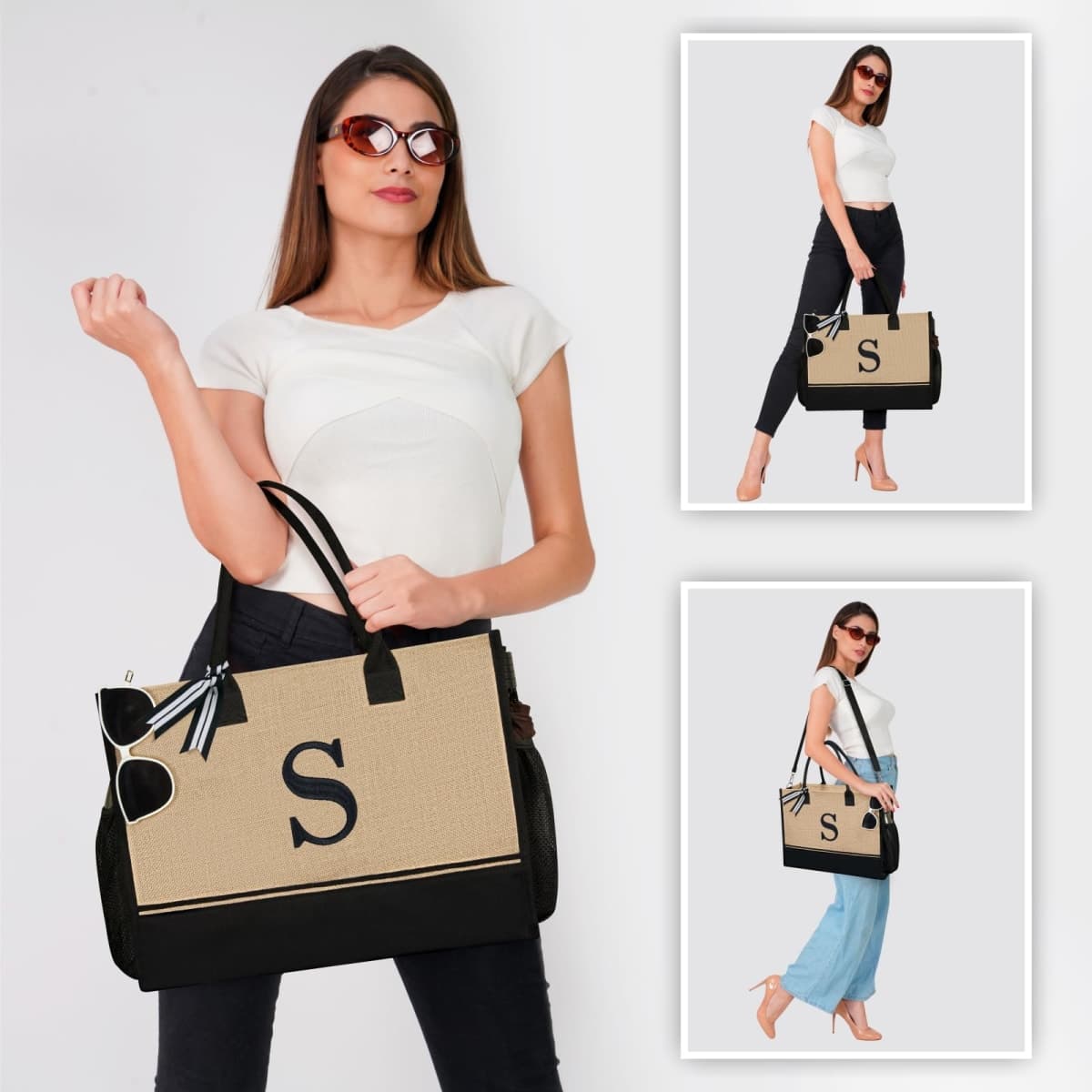 TOPDesign Personalized Initial Canvas Tote Bag, for Wedding, Birthday, Beach, Perfect Gifts for Women, Mom, Teachers, Friends, Black/Brown - K, Large thumbnail 2