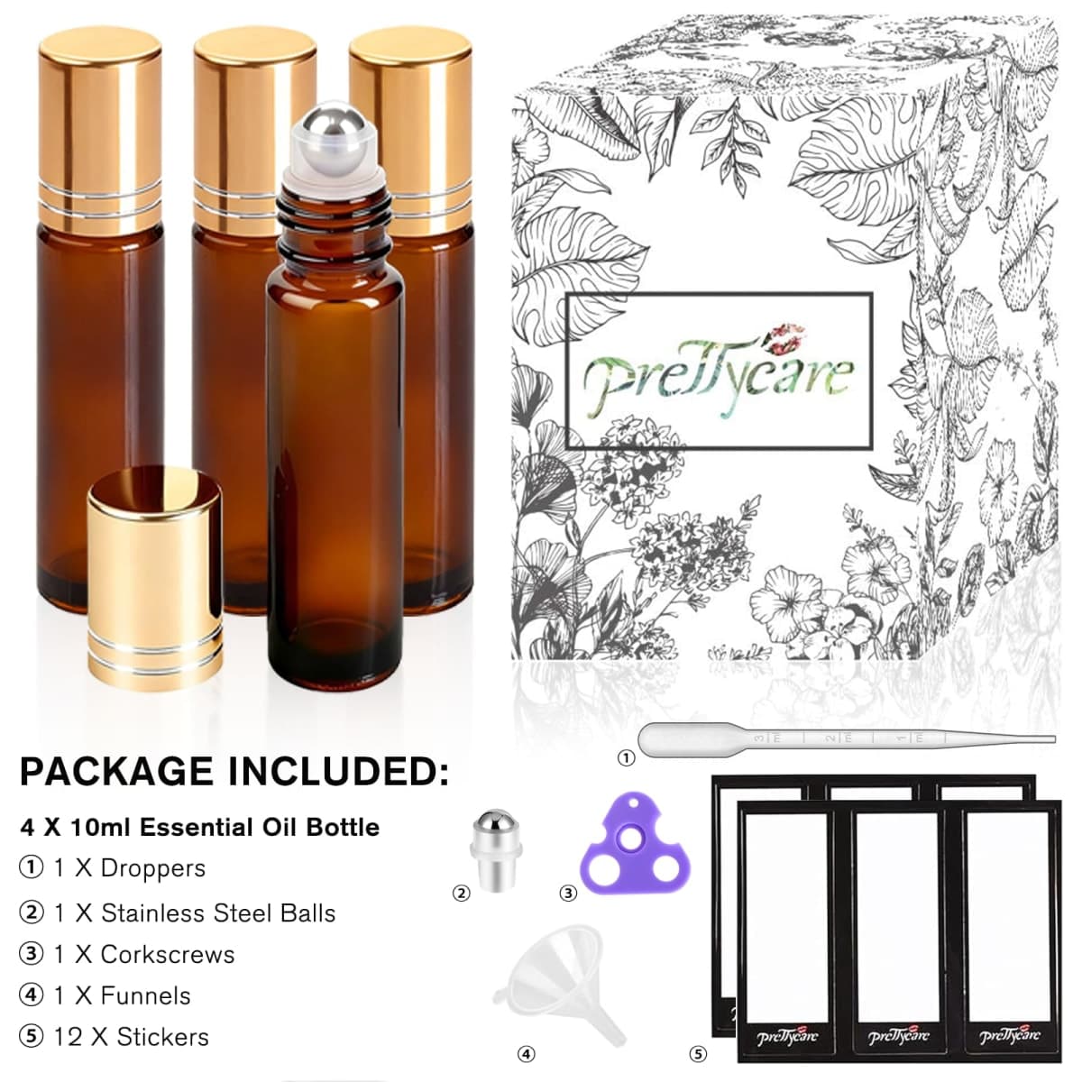 PrettyCare Essential oil Roller Ball Bottles for Oils 10ml Amber Glass with Golden Caps 4 pack, Refillable Empty Perfume Bottles with Extra Roller Balls, Opener, Funnel, Pipette, Labels thumbnail 2
