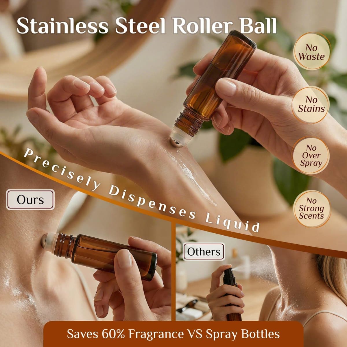 PrettyCare Essential oil Roller Ball Bottles for Oils 10ml Amber Glass with Golden Caps 4 pack, Refillable Empty Perfume Bottles with Extra Roller Balls, Opener, Funnel, Pipette, Labels thumbnail 5