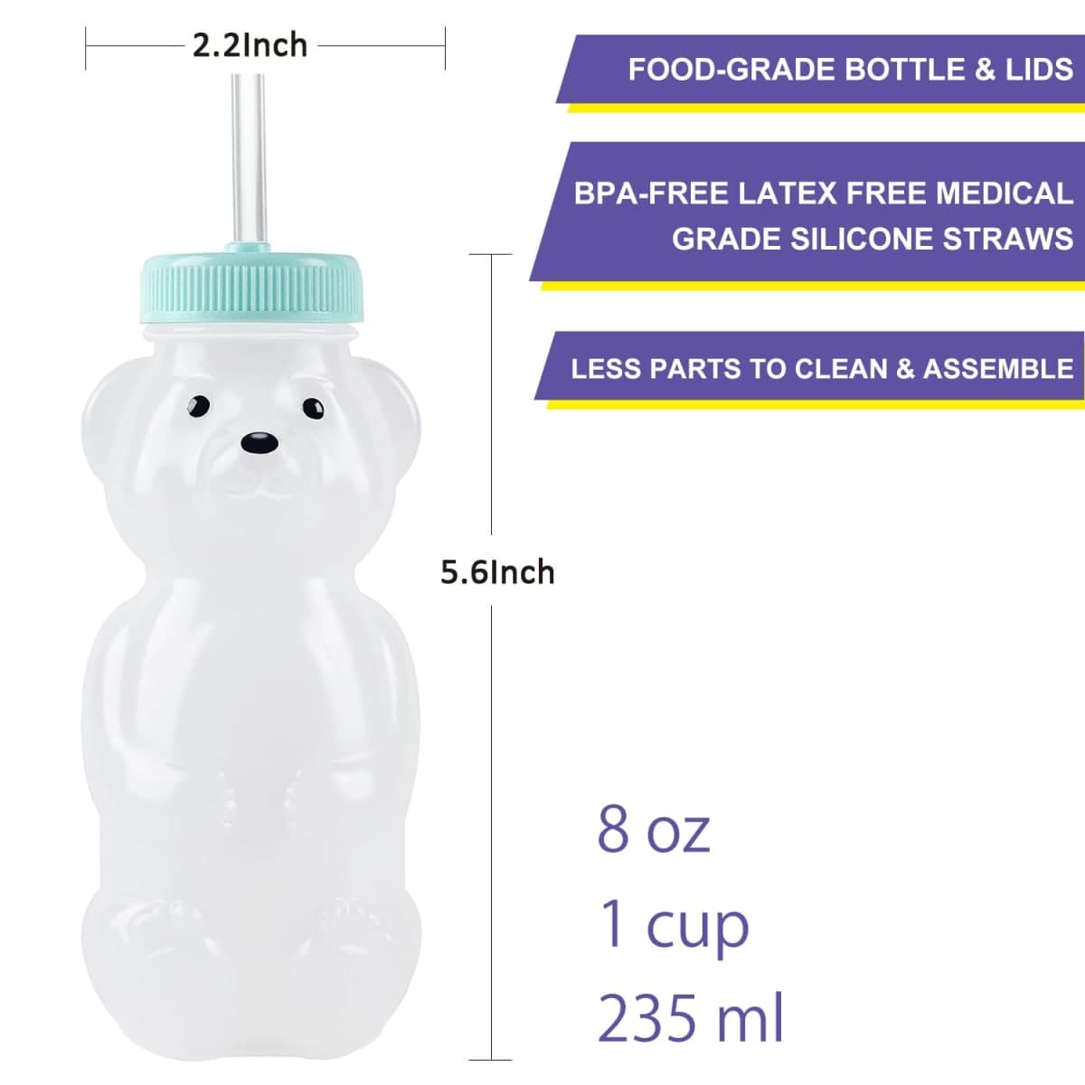 Mootikar Honey Bear Straw Cups for Babies 1 pack, 8oz straw bear cup with improved safety lid design, honeybear baby cup straw, Leak-Proof & Food-Grade & BPA Free (AQUA) thumbnail 5