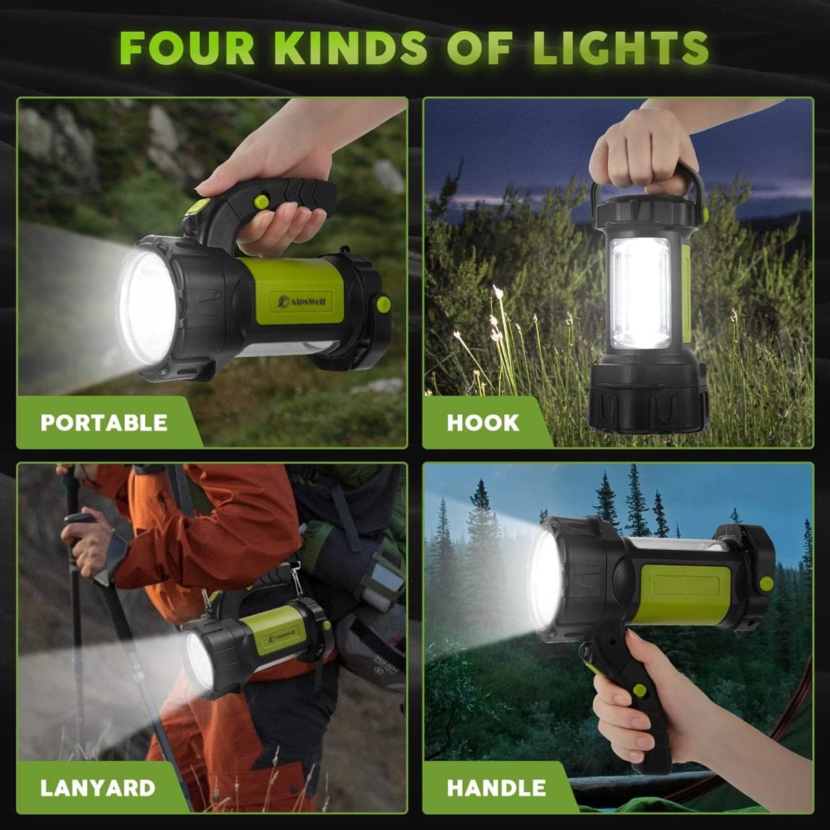 AlpsWolf Camping Lantern Rechargeable, LED Flashlight Spotlight Lantern with 800LM, 3600 mAh, Strap Included Portable Bright Camping Light for Emergency, Outdoor Hiking, Power Outages(Green,1 Pack) thumbnail 2