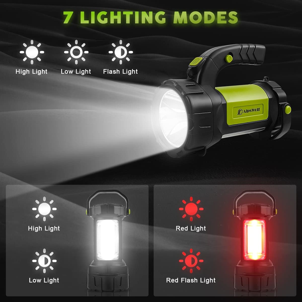 AlpsWolf Camping Lantern Rechargeable, LED Flashlight Spotlight Lantern with 800LM, 3600 mAh, Strap Included Portable Bright Camping Light for Emergency, Outdoor Hiking, Power Outages(Green,1 Pack) thumbnail 5