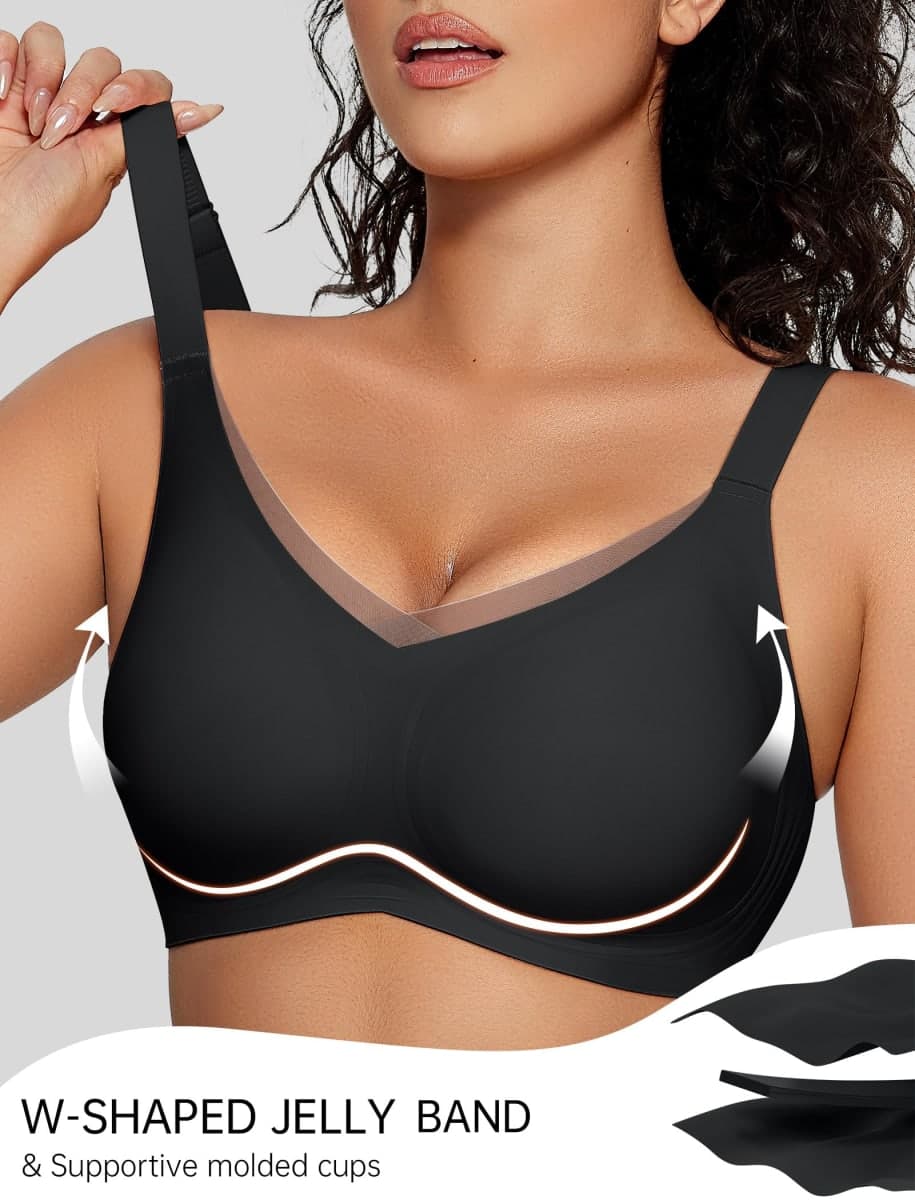OEAK Women Wireless Jelly Bra Supportive Full Coverage Plus Bras, Black, X-Large Plus thumbnail 3