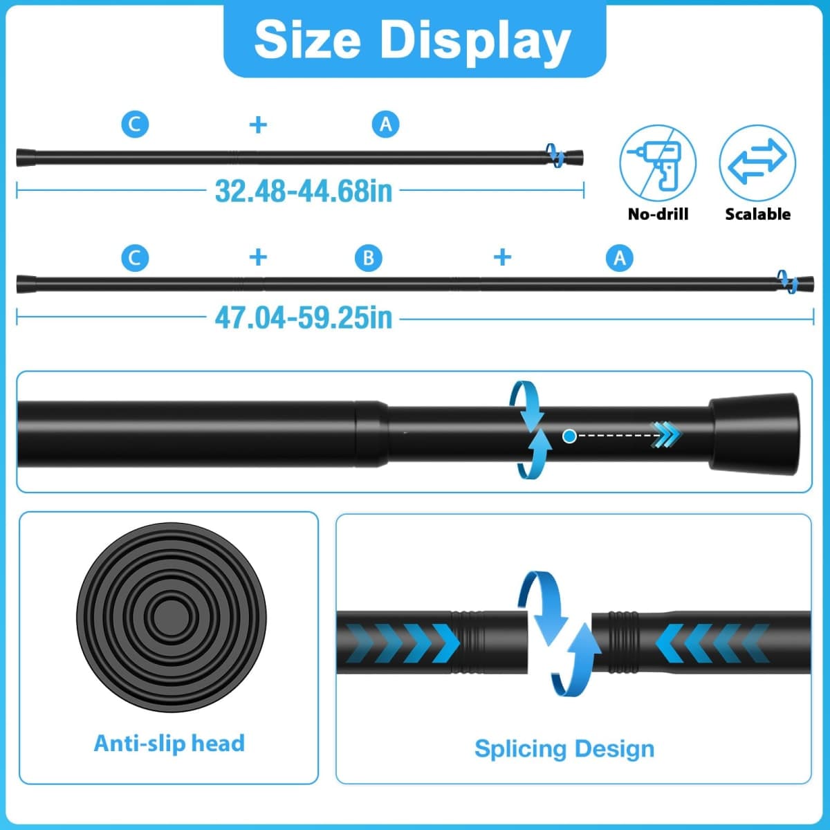 Curtain Rods for Windows 33-59 Inch,Black Adjustable Tension Curtain Rod No Drilling Spring Loaded Curtain Rods Tension Rods For Windows Bedroom Closet Doorway Door,1Pcs thumbnail 2