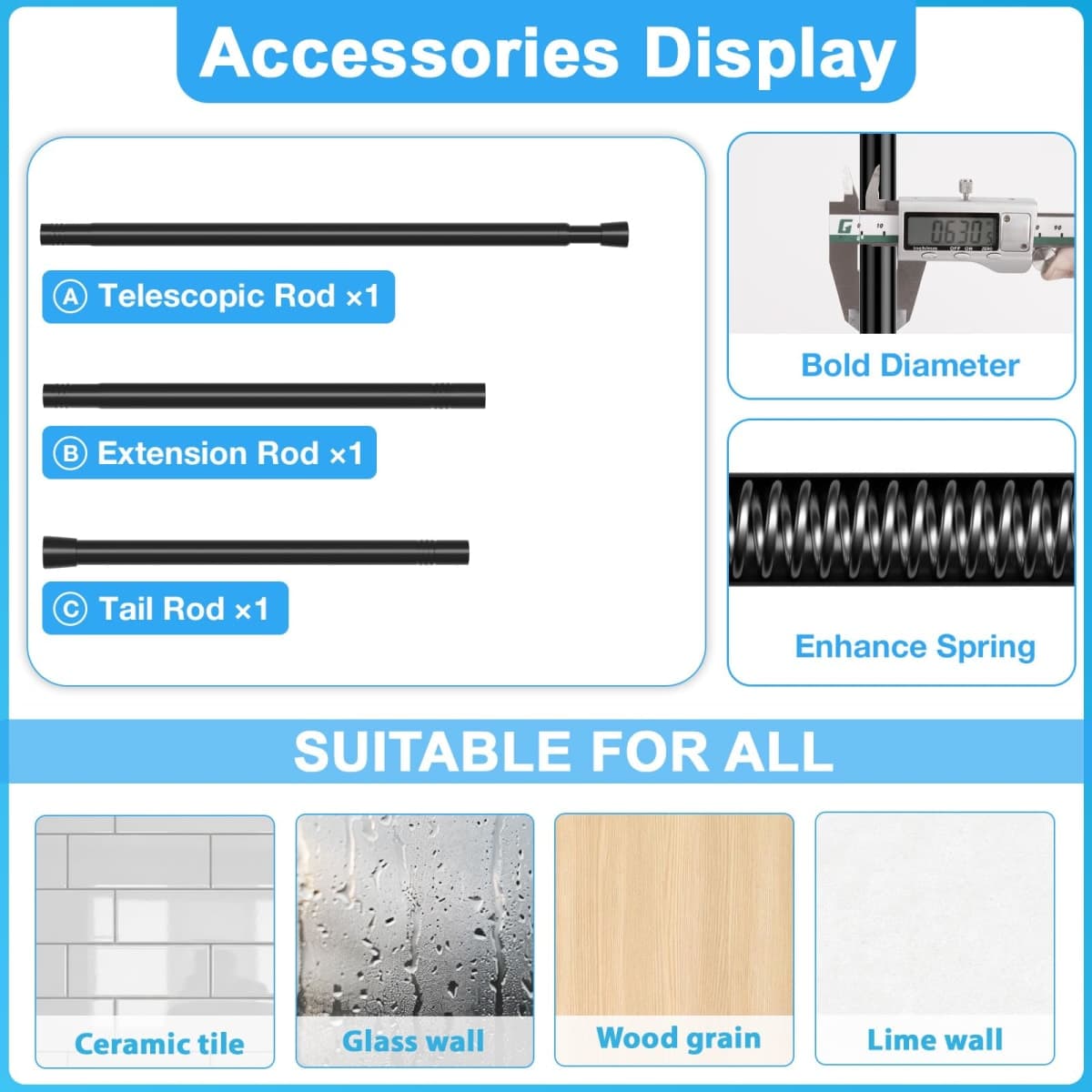 Curtain Rods for Windows 33-59 Inch,Black Adjustable Tension Curtain Rod No Drilling Spring Loaded Curtain Rods Tension Rods For Windows Bedroom Closet Doorway Door,1Pcs thumbnail 3