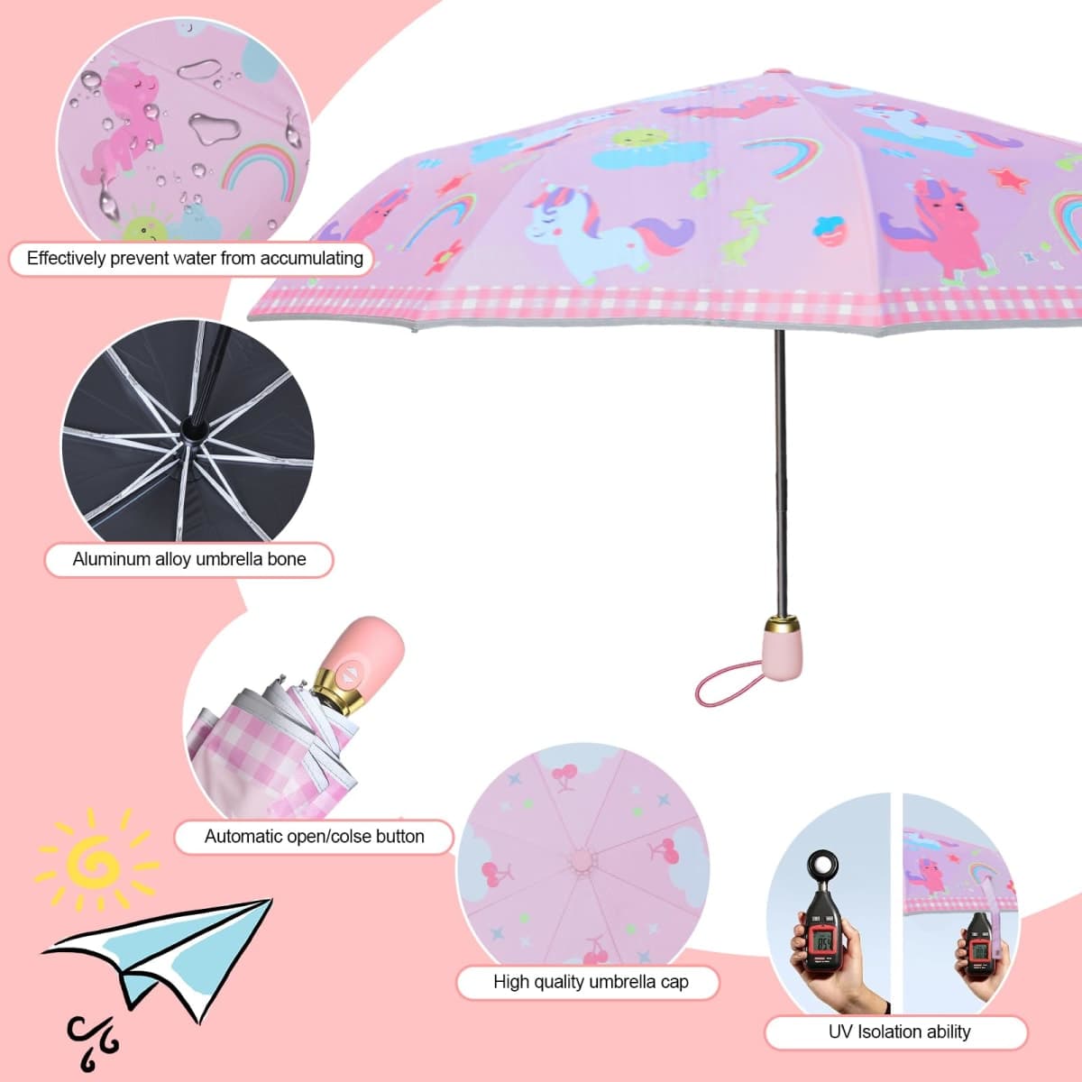 Afkengung Kids Automatic Umbrella with Cartoon Print & Reflective Strip,easy One-Button Open Close, UPF 50+ Sun & Wind Protection for School, Outdoor Safety for Boys and Girls, Dinosaurs, oceans thumbnail 3