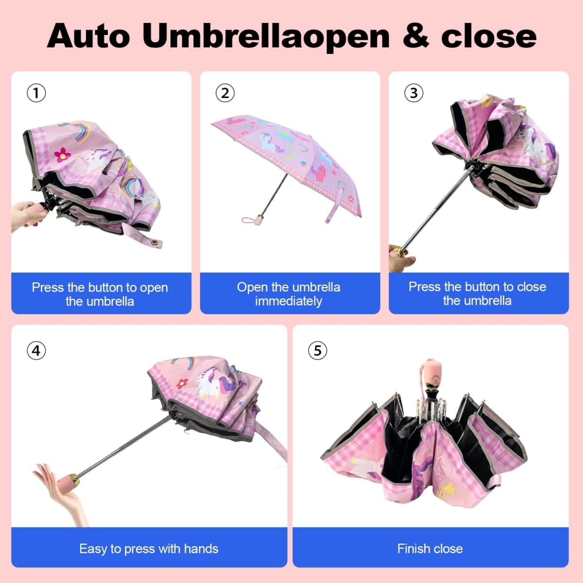 Afkengung Kids Automatic Umbrella with Cartoon Print & Reflective Strip,easy One-Button Open Close, UPF 50+ Sun & Wind Protection for School, Outdoor Safety for Boys and Girls, Dinosaurs, oceans thumbnail 5