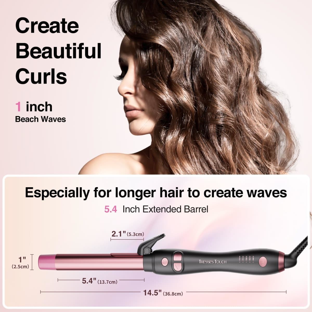 Extra-Long Barrel Rotating Curling Iron with Short Clamp, Automatic Curling Iron 1 Inch Creates Loose Curls – for Medium and Long Hair, High Heat 410°F, Instant Heat up, Double Ceramic, Dual Voltage thumbnail 2