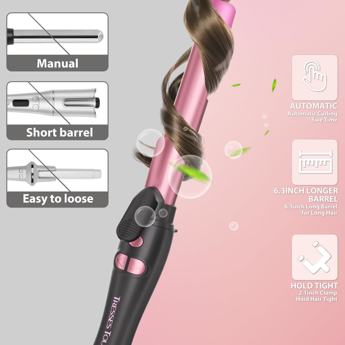 Extra-Long Barrel Rotating Curling Iron with Short Clamp, Automatic Curling Iron 1 Inch Creates Loose Curls – for Medium and Long Hair, High Heat 410°F, Instant Heat up, Double Ceramic, Dual Voltage thumbnail 3
