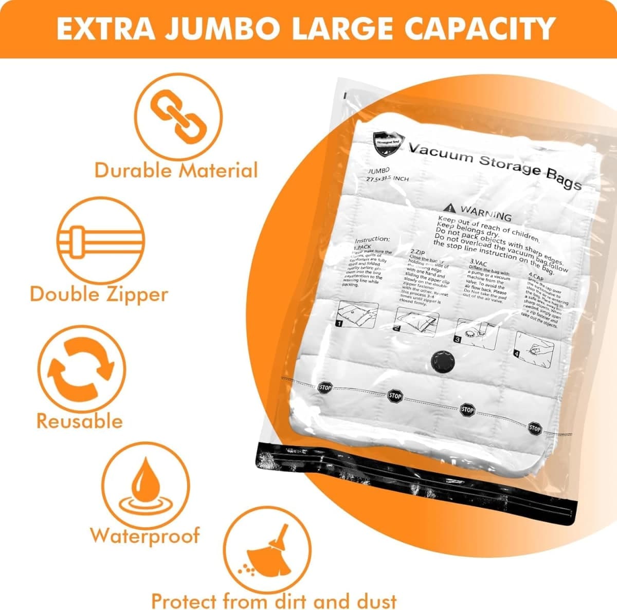10 Large Vacuum Storage Bags with Electric Pump, Space Saver Bag for Clothes, Mattress, Blanket, Duvets, Pillows, Comforters, Travel thumbnail 2