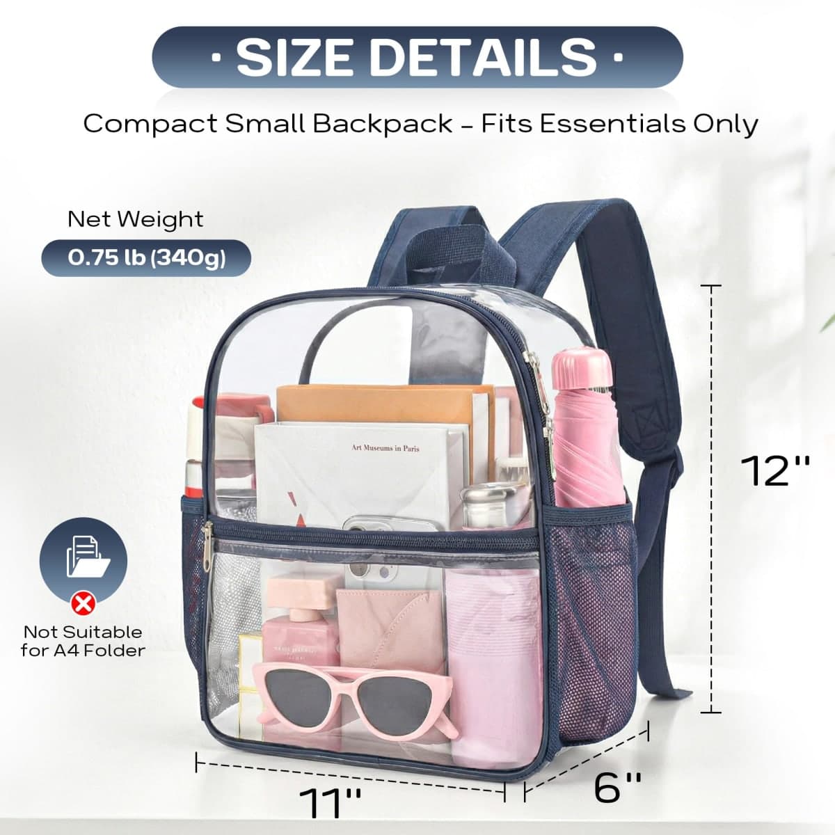 Oraben Clear Backpack for Stadium Events Sports Fan Backpack Stadium Bag, Navy Blue, Small, Enhanced Strap thumbnail 2