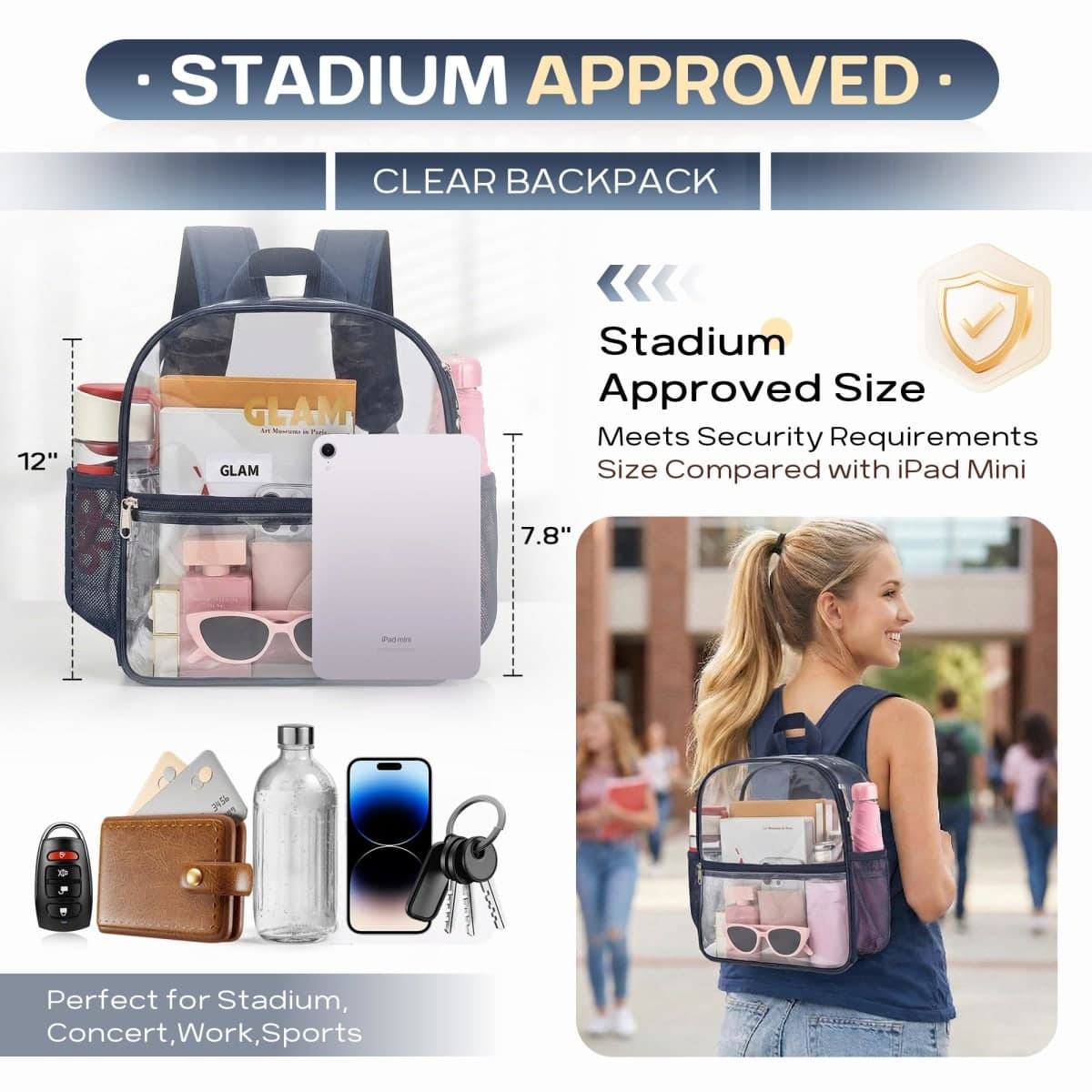 Oraben Clear Backpack for Stadium Events Sports Fan Backpack Stadium Bag, Navy Blue, Small, Enhanced Strap thumbnail 3