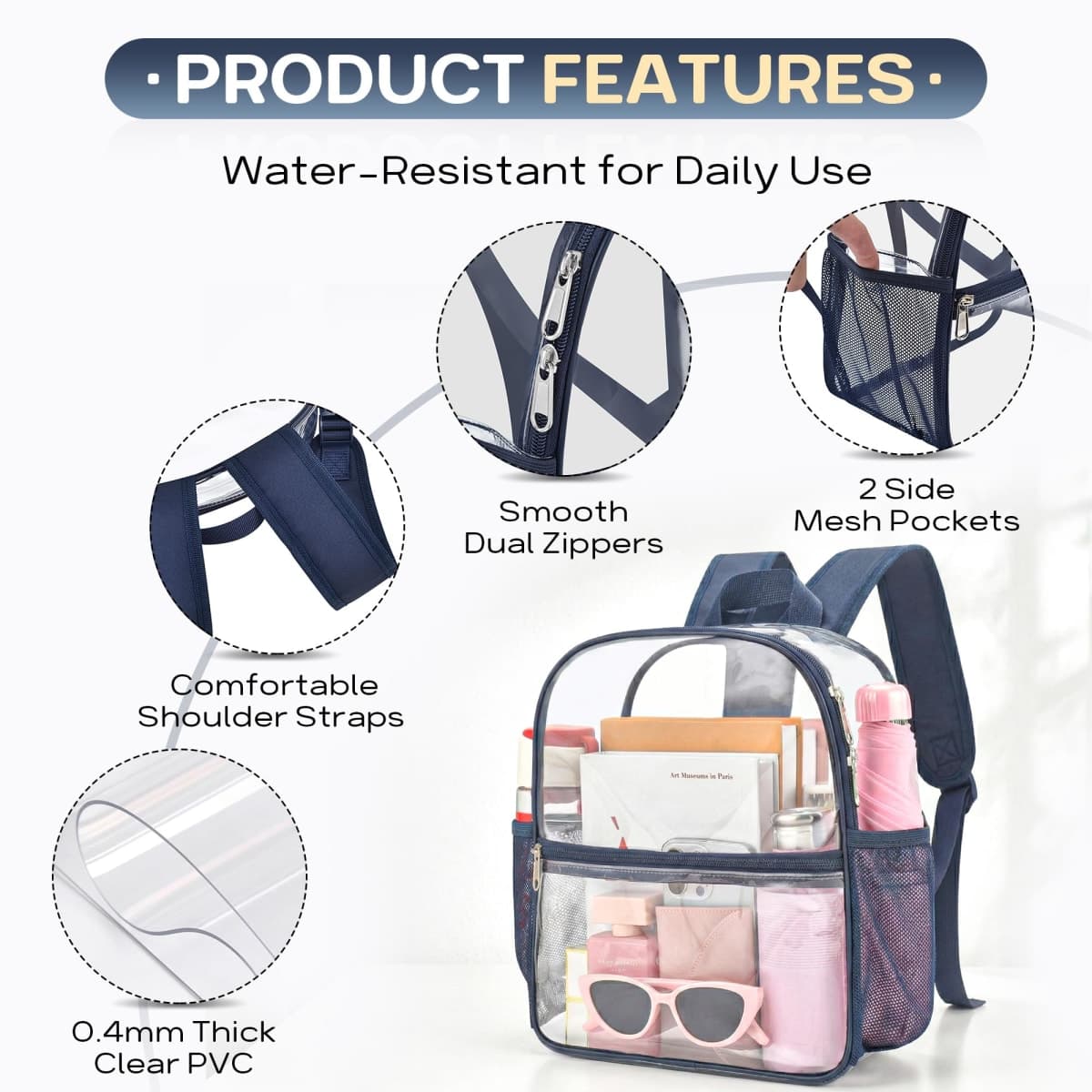 Oraben Clear Backpack for Stadium Events Sports Fan Backpack Stadium Bag, Navy Blue, Small, Enhanced Strap thumbnail 4