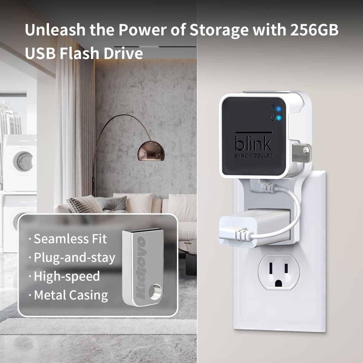 256GB USB Flash Drive & Outlet Mount for Blink Sync Module 2 with Short Cable - Space-Saving - No Wire Clutter - Easy Move Mount for Blink Outdoor/Indoor Security Cameras (BSM-02) thumbnail 2
