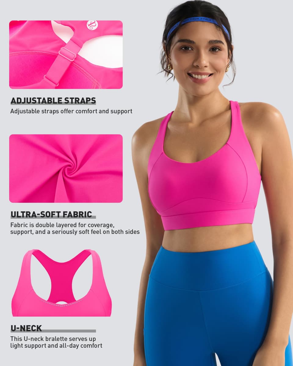 RUNNING GIRL Adjustable Straps Sports Bras for Women High Support,Racerback High Impact Workout Sports Bras with Sewn in Pads, A-hot Pink, Medium thumbnail 2