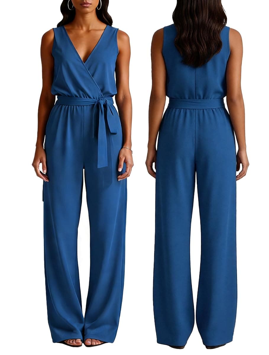 DeftSharp 2025 Women's Sexy Cocktail Party Clubwear Casual Working Rompers Club Back Zip Belt Long Jumpsuit, Party Outfits 418 Blue, Large thumbnail 4