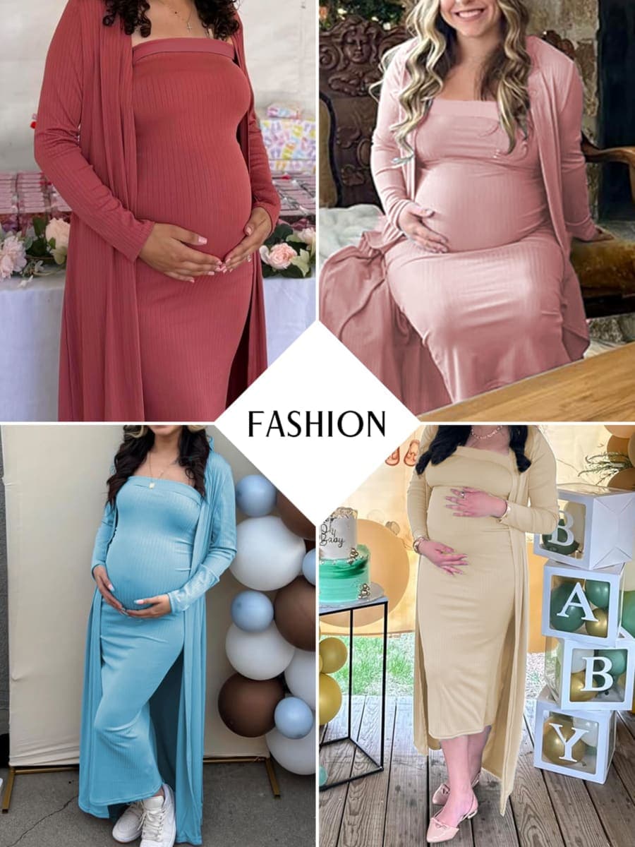 Ecavus Maternity Tube Dress Long Cardigan 2 Piece for Baby Shower and Wedding Guest Ribbed Maternity Photoshoot Dresses, Pink, Small thumbnail 2