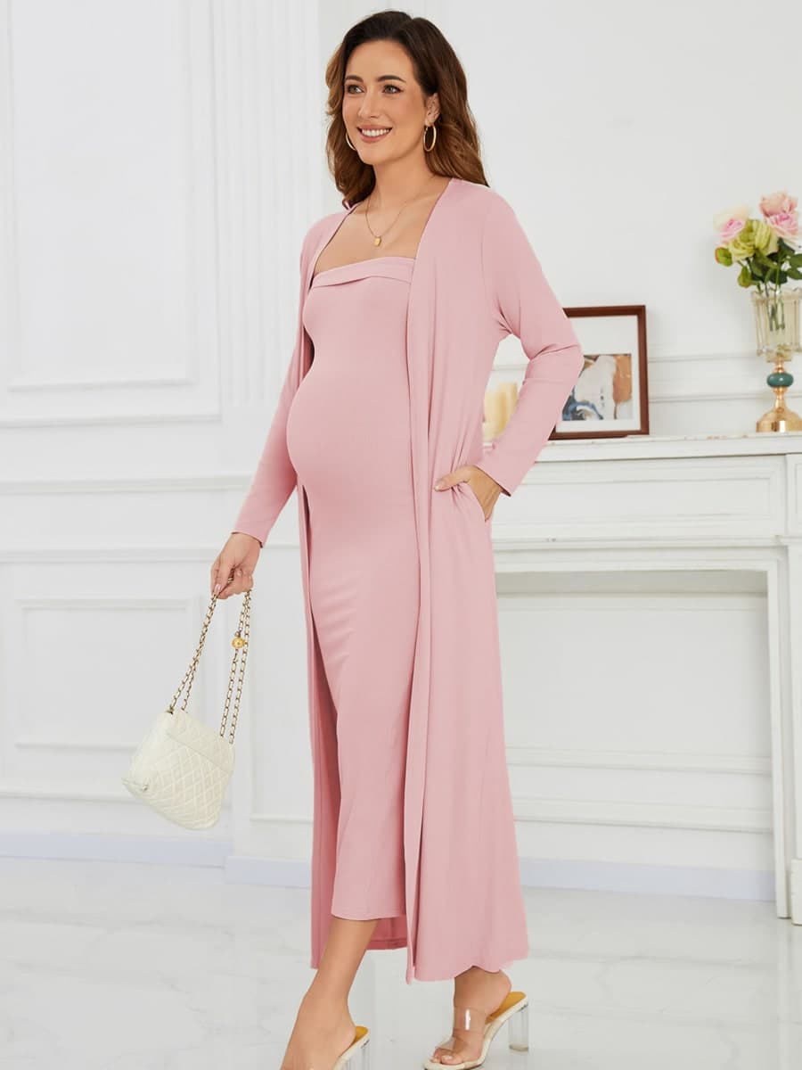 Ecavus Maternity Tube Dress Long Cardigan 2 Piece for Baby Shower and Wedding Guest Ribbed Maternity Photoshoot Dresses, Pink, Small thumbnail 3
