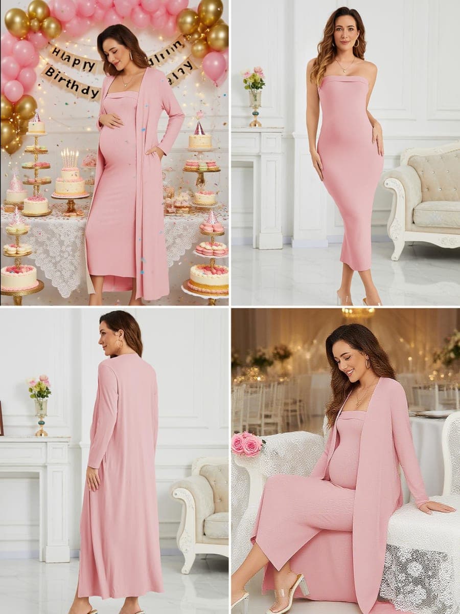 Ecavus Maternity Tube Dress Long Cardigan 2 Piece for Baby Shower and Wedding Guest Ribbed Maternity Photoshoot Dresses, Pink, Small thumbnail 4