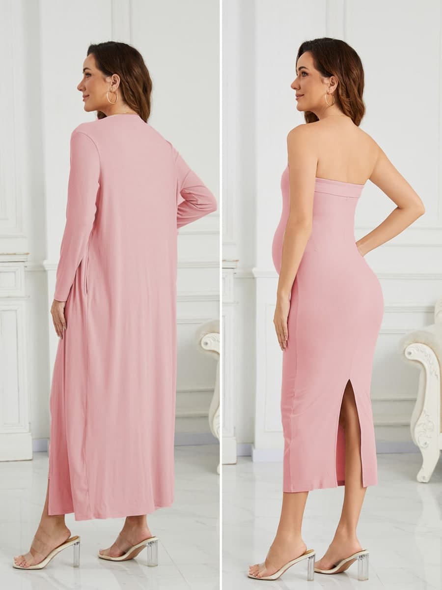 Ecavus Maternity Tube Dress Long Cardigan 2 Piece for Baby Shower and Wedding Guest Ribbed Maternity Photoshoot Dresses, Pink, Small thumbnail 5