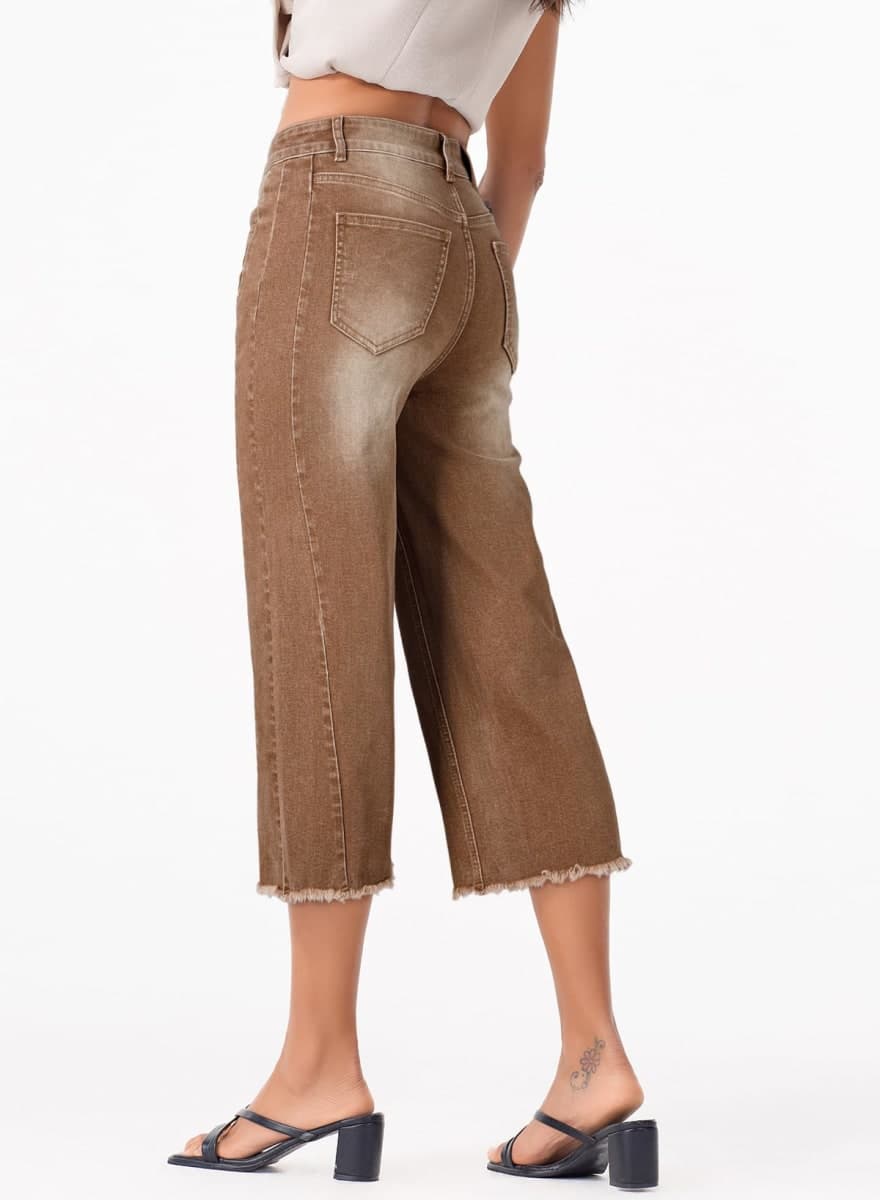 Sidefeel Women's High Waisted Jeans Stretchy Wide Leg Raw Hem Capri Pants Size 12 Brown thumbnail 2