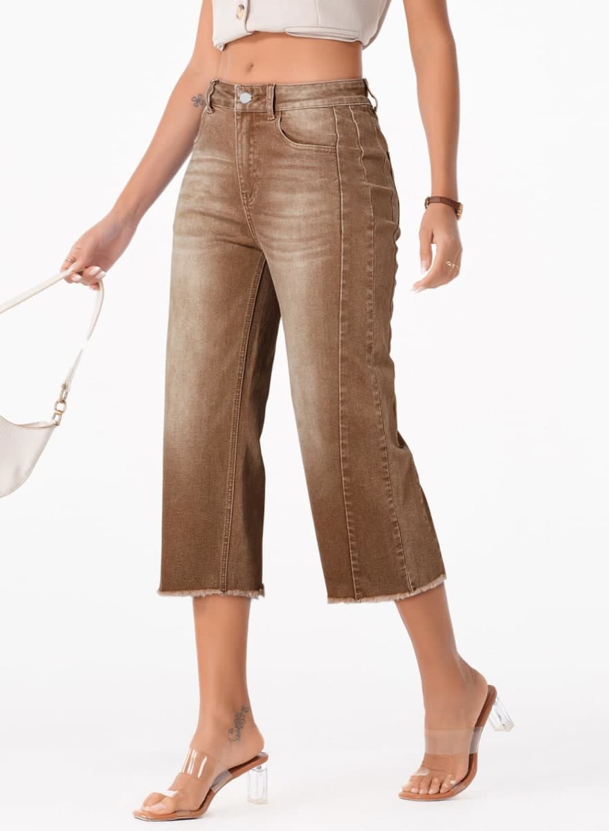 Sidefeel Women's High Waisted Jeans Stretchy Wide Leg Raw Hem Capri Pants Size 12 Brown thumbnail 3
