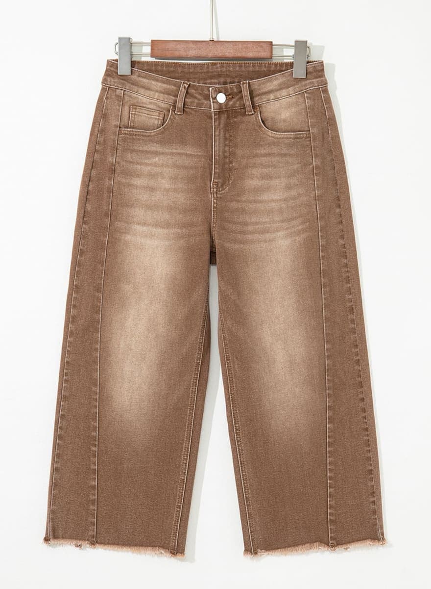 Sidefeel Women's High Waisted Jeans Stretchy Wide Leg Raw Hem Capri Pants Size 12 Brown thumbnail 4