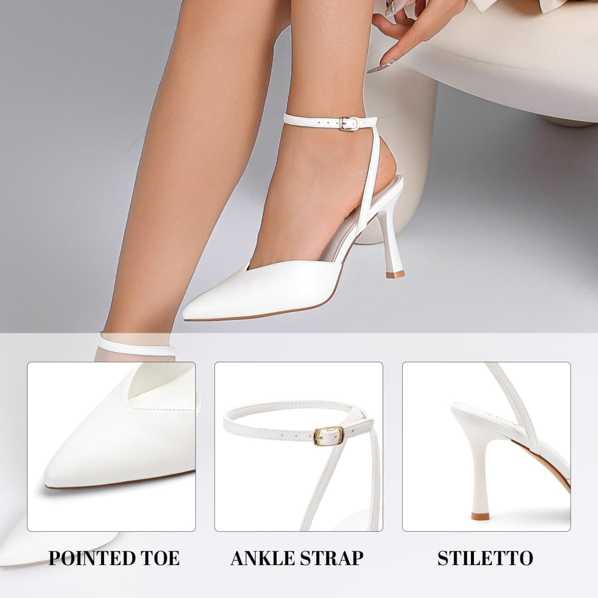 Miorap Closed Pointed Toe Kitten Slingback Heels for Women Ankle Strap Pumps Wedding Party Dressy Comfort Shoes, White, 8.5 thumbnail 4