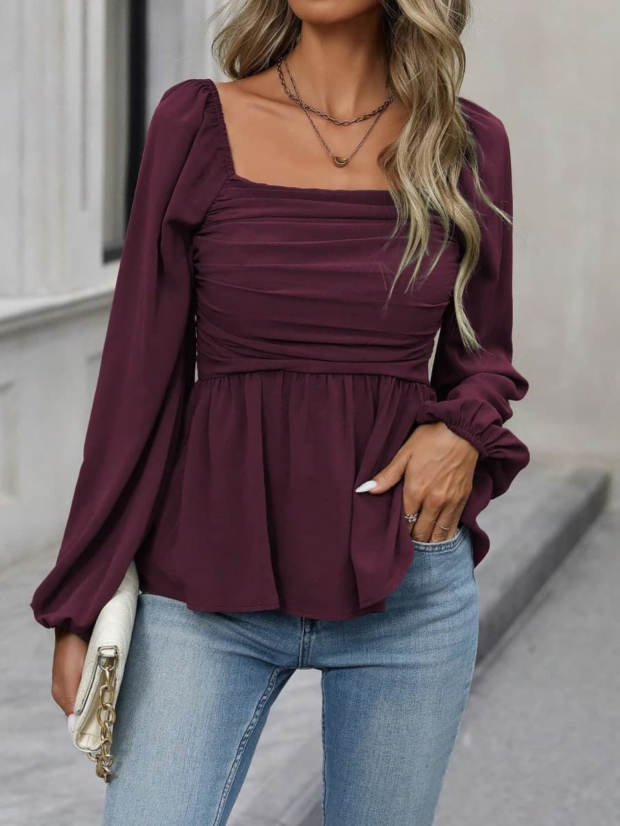 FOTKLAX Women's Long Sleeve Blouse Top, Maroon, X-Large thumbnail 3