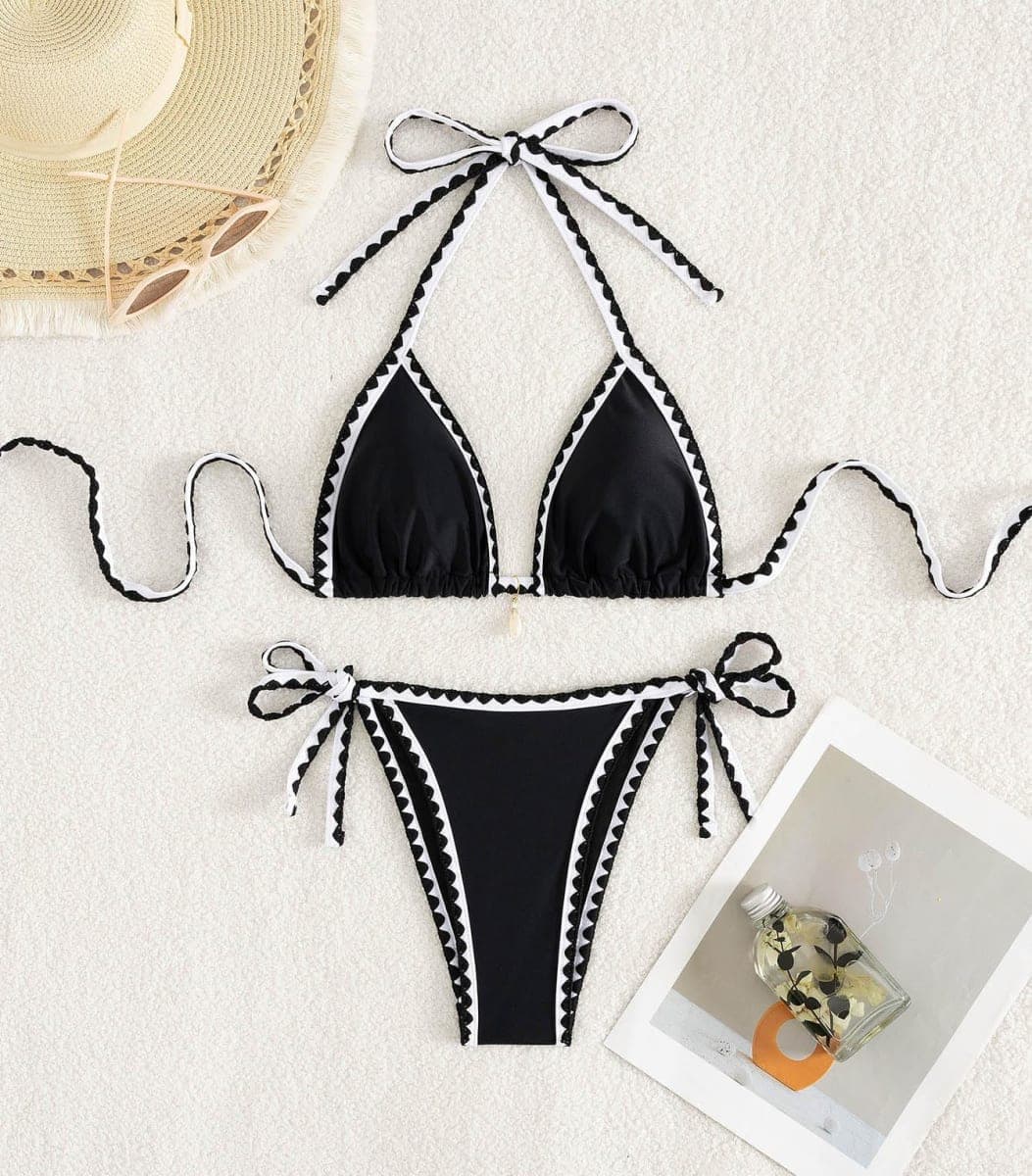 Tainehs Women's Sexy Halter Bikini Set Triangle Top String Swimwear Two Piece Swimsuits Cheeky Bathing Suit, Black&white, Large thumbnail 4
