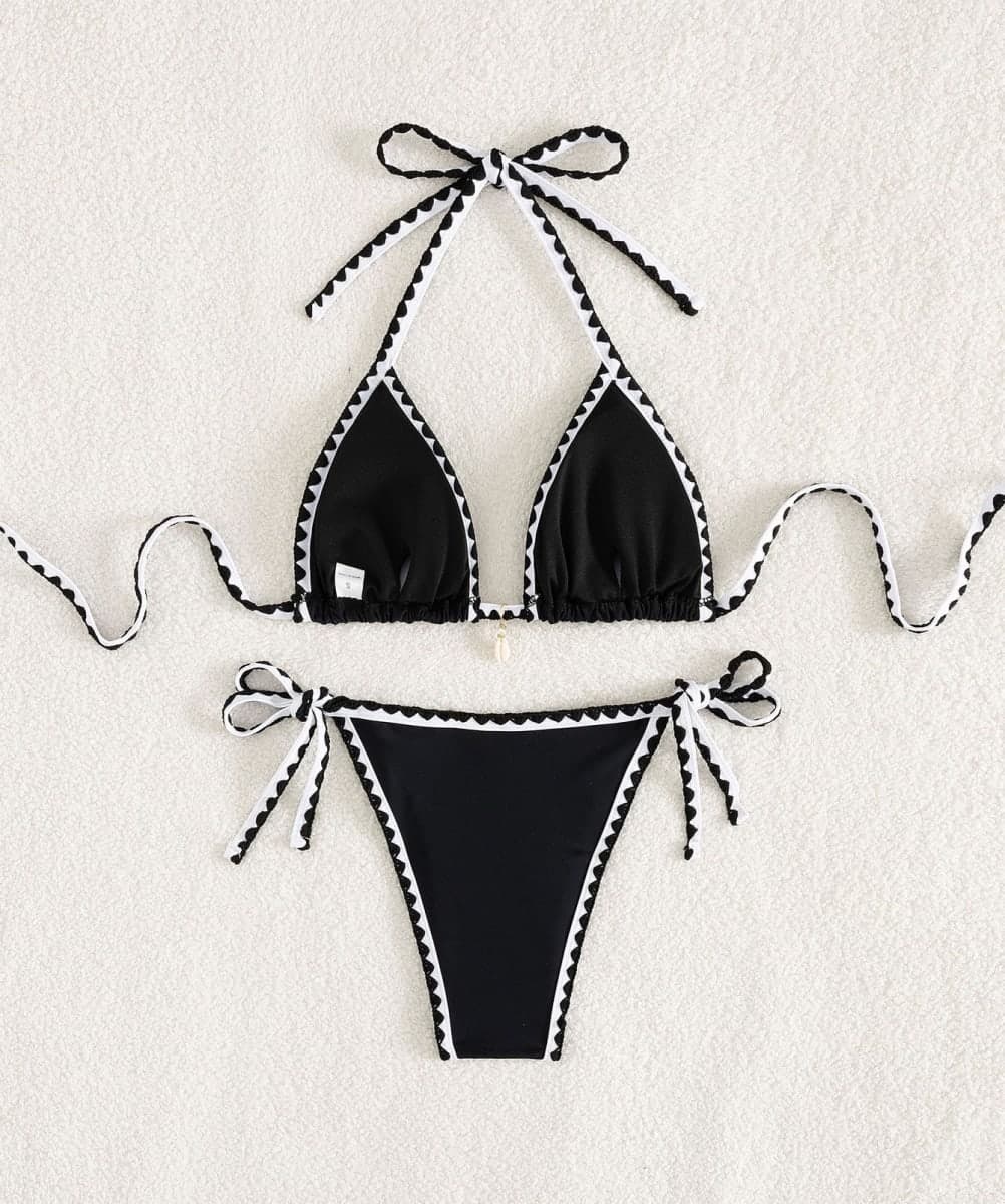 Tainehs Women's Sexy Halter Bikini Set Triangle Top String Swimwear Two Piece Swimsuits Cheeky Bathing Suit, Black&white, Large thumbnail 5